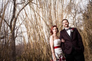 Red rock crossing wedding couple bamboo